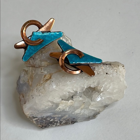 Matisse Renoir Copper Turquoise Enamel 1950's Clip Back Earrings Midcentury - Picture 7 of 7